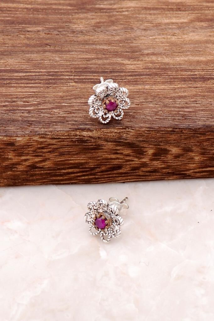 Kök Yakut Taşlı Gümüş Telkari El Yapımı Mini Gül Küpe 483