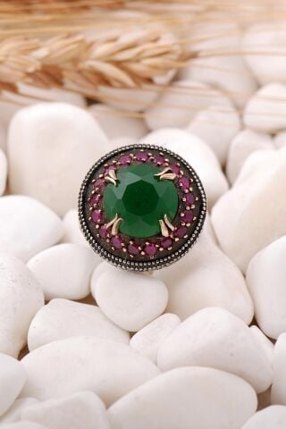 Kök Zümrüt Taşlı Tasarım Elişi Gümüş Yüzük 139