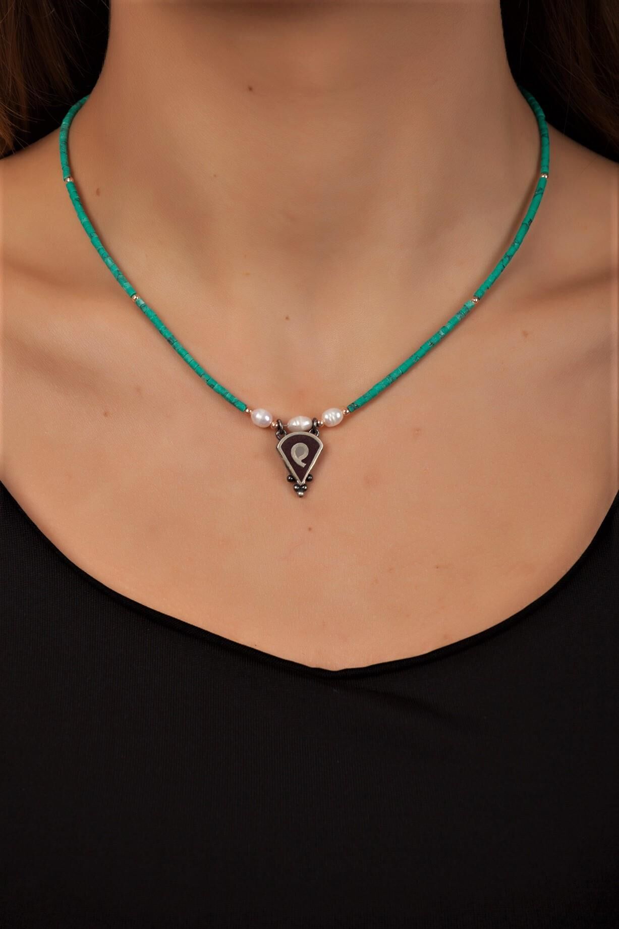 Doğal Taşlı Mozaik İşlemeli  Tasarım Gümüş Kolye 6733