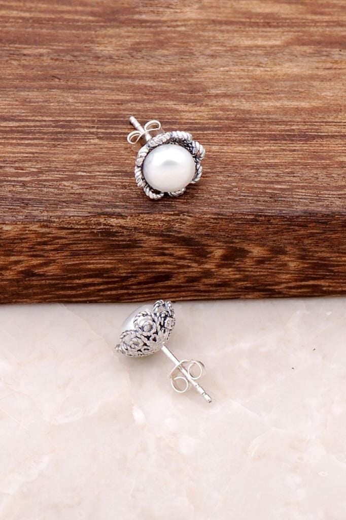 Gül Tasarım İncili Gümüş Telkari Küpe 484