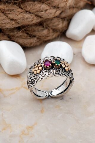 Telkari Elişi Taşlı Papatyalı Gümüş Yüzük 3249