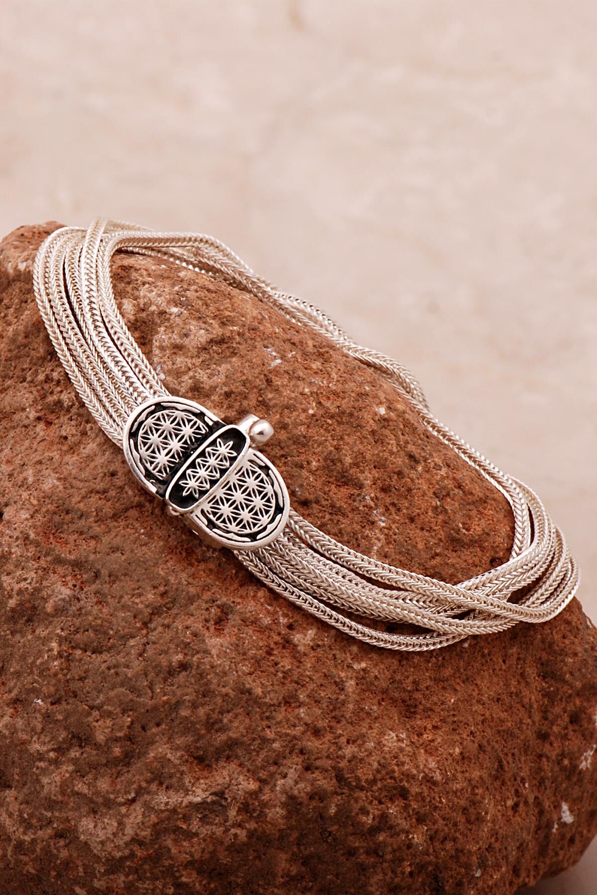 Yaşam Çiçeği Hasır Elişi Tasarım Gümüş Bileklik 4313