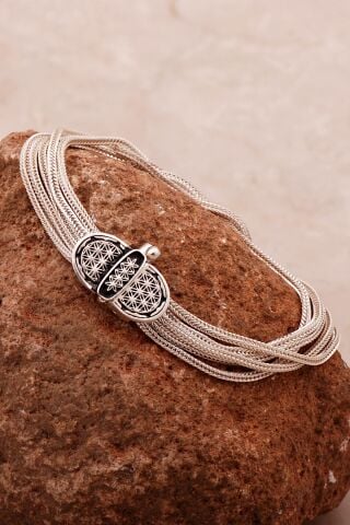 Yaşam Çiçeği Hasır Elişi Tasarım Gümüş Bileklik 4313