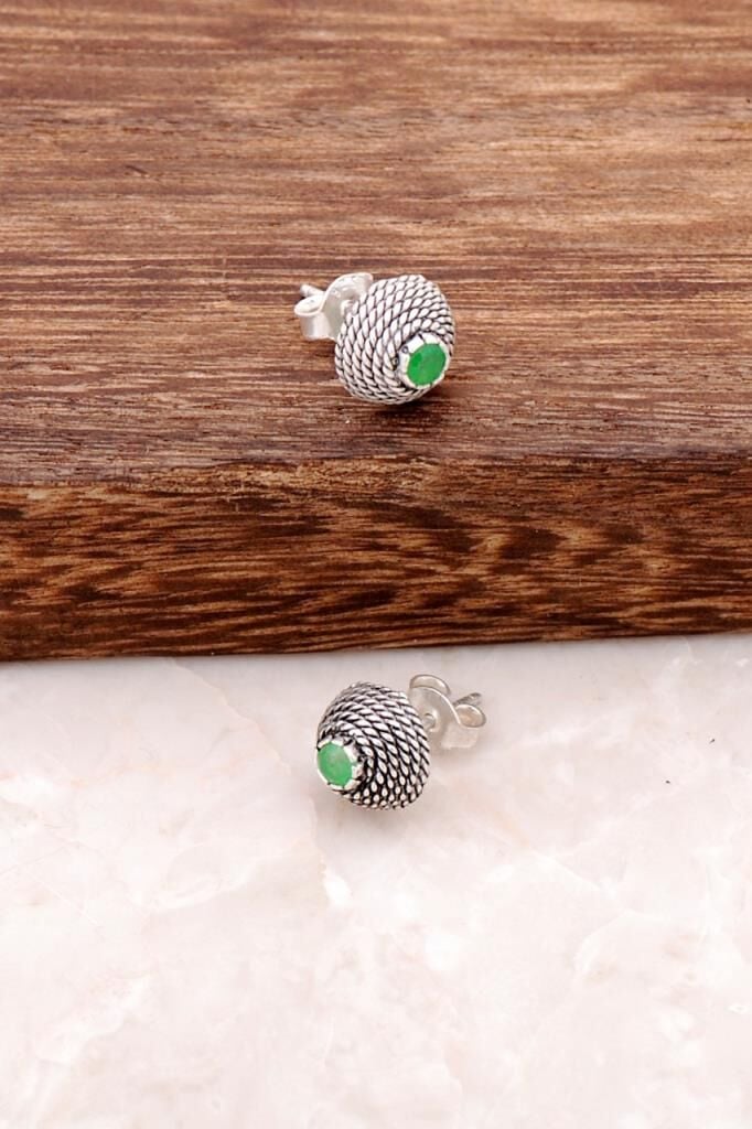 Kök Zümrüt Taşlı Tel Burma Gümüş Mini Küpe 485