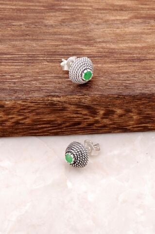 Kök Zümrüt Taşlı Tel Burma Gümüş Mini Küpe 485