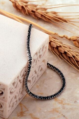 Su Yolu 2 Mm Baget Oniks Taşlı Rodyumlu Gümüş Bileklik 4644