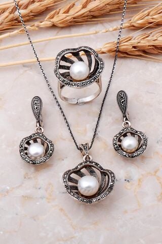 İncili Gül Tasarım Gümüş Set 2505