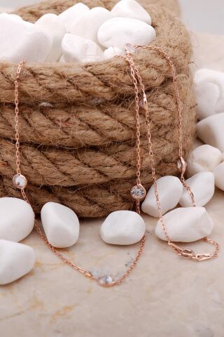 Sıra Taşlı Rose Gümüş 45 Cm Kolye 7405