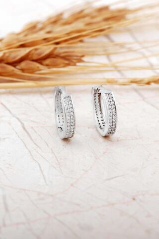 Taşlı Rodyumlu 1,2 Cm Gümüş Halka Küpe 7306