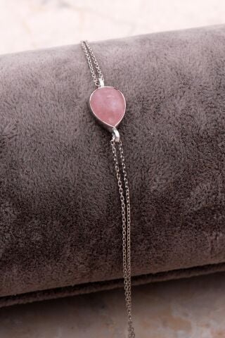 Doğal Pembe Kuvars Taşlı Damla Mini Rodyumlu Gümüş Bileklik 4135