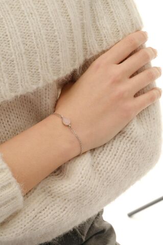 Doğal Pembe Kuvars Taşlı Damla Mini Rodyumlu Gümüş Bileklik 4135