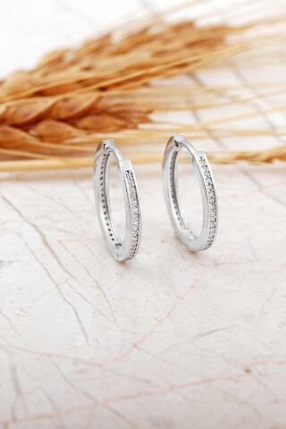 Taşlı Rodyumlu 1,5 Cm Gümüş Halka Küpe 7307