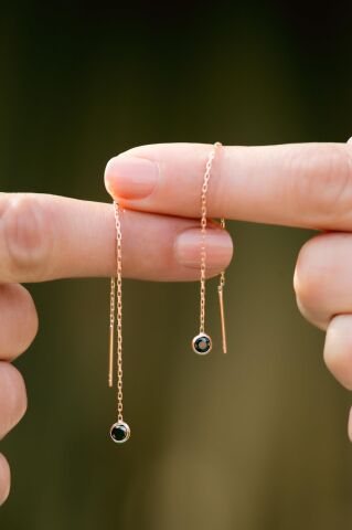 Siyah Safir Taşlı Rose Gümüş Zincir Küpe 4182