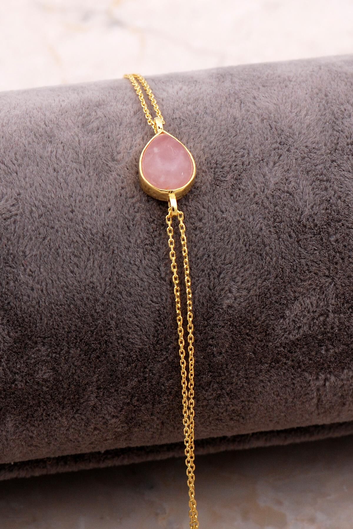 Doğal Pembe Kuvars Taşlı Damla Mini Altın Yaldızlı Gümüş Bileklik 4136