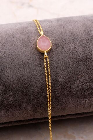 Doğal Pembe Kuvars Taşlı Damla Mini Altın Yaldızlı Gümüş Bileklik 4136