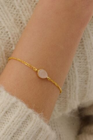 Doğal Pembe Kuvars Taşlı Damla Mini Altın Yaldızlı Gümüş Bileklik 4136