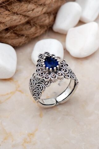 Safir Taşlı Telkari Elişi Gümüş Yüzük 3251