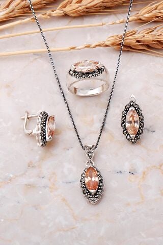 Topaz ve Markazit Taşlı Tasarım Gümüş Set 2509