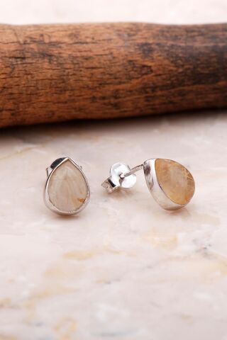 Doğal Sarı Rutil Kuvars Taşlı Damla Mini Rodyumlu Gümüş Küpe 5844