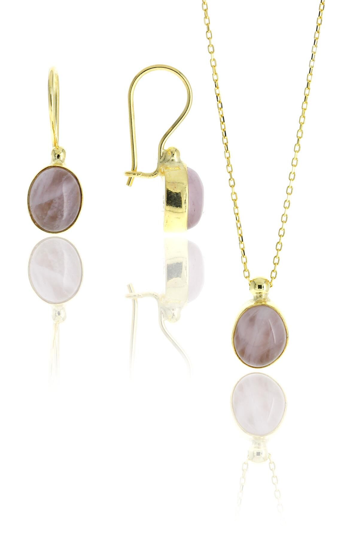 Pembe Kuvars Altın Yaldızlı Gümüş Set 2111