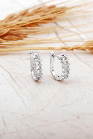 Taşlı Rodyumlu Gümüş J Küpe 7309