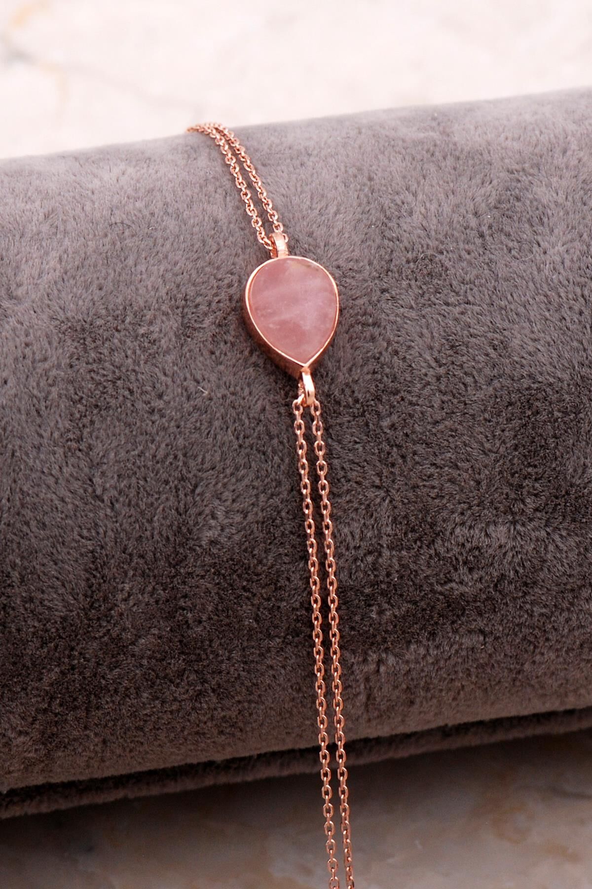 Doğal Pembe Kuvars Taşlı Damla Mini Rose Gümüş Bileklik 4137