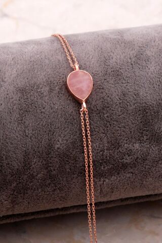Doğal Pembe Kuvars Taşlı Damla Mini Rose Gümüş Bileklik 4137