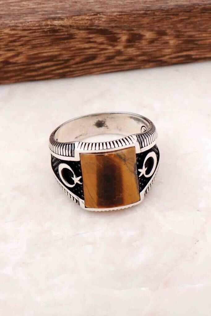 Kaplan Gözü Taşlı Ay Yıldız Gümüş Yüzük 711