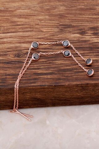 Siyah Safir Taşlı Rose Gümüş Zincir Küpe 4185