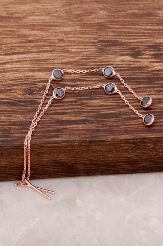 Siyah Safir Taşlı Rose Gümüş Zincir Küpe 4185