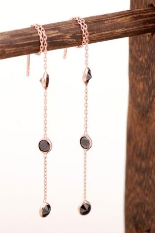 Siyah Safir Taşlı Rose Gümüş Zincir Küpe 4185