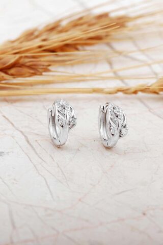 Taşlı Rodyumlu Yaprak Gümüş Mini Halka Küpe 7316