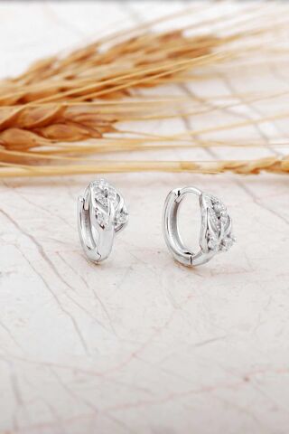 Taşlı Rodyumlu Yaprak Gümüş Mini Halka Küpe 7316