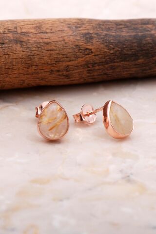 Doğal Sarı Rutil Kuvars Taşlı Damla Mini Rose Gümüş Küpe 5845