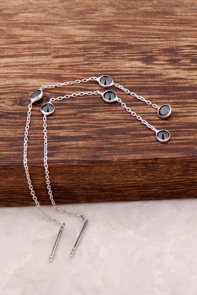 Siyah Safir Taşlı Rodyumlu Gümüş Zincir Küpe 4186