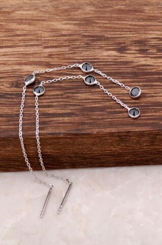 Siyah Safir Taşlı Rodyumlu Gümüş Zincir Küpe 4186