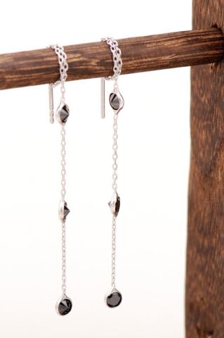 Siyah Safir Taşlı Rodyumlu Gümüş Zincir Küpe 4186