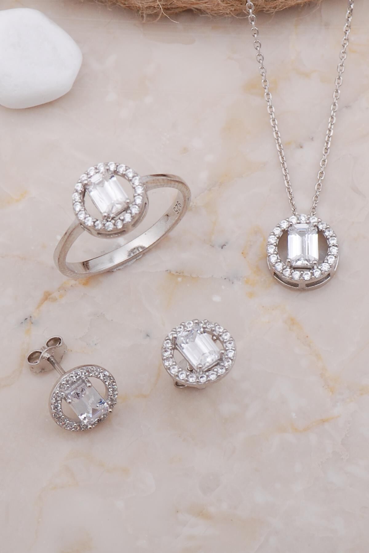 Baget Yuvarlak Rodyumlu Gümüş Set 2590