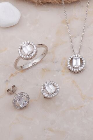 Baget Yuvarlak Rodyumlu Gümüş Set 2590