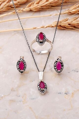 Yakut ve Markazit Taşlı Gümüş Set 2513