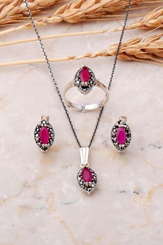 Yakut ve Markazit Taşlı Gümüş Set 2513