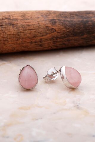 Doğal Pembe Kuvars Taşlı Damla Mini Rodyumlu Gümüş Küpe 5846