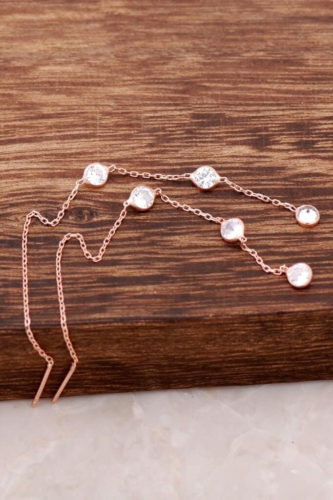 Zirkon Taşlı Rose Gümüş Zincir Küpe 4188