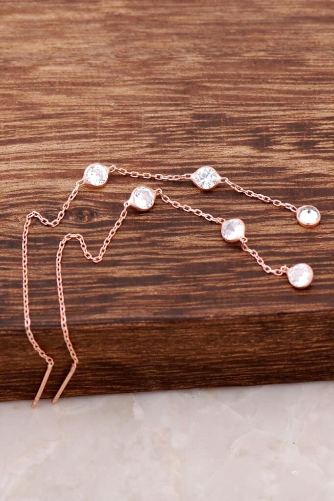 Zirkon Taşlı Rose Gümüş Zincir Küpe 4188