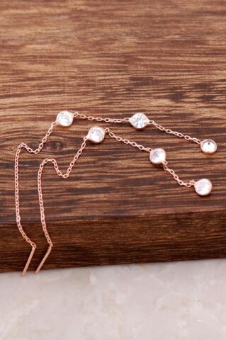 Zirkon Taşlı Rose Gümüş Zincir Küpe 4188