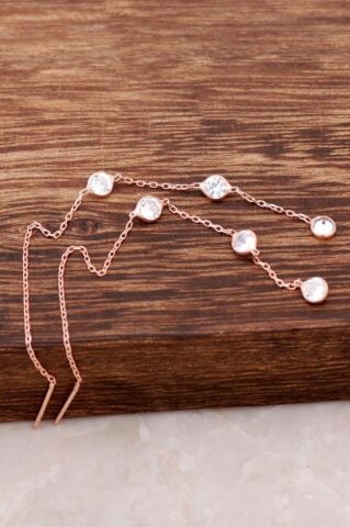 Zirkon Taşlı Rose Gümüş Zincir Küpe 4188