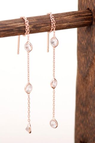 Zirkon Taşlı Rose Gümüş Zincir Küpe 4188