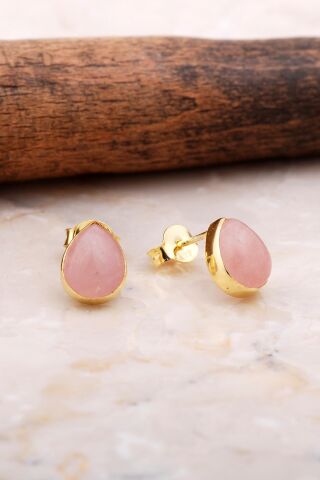 Doğal Pembe Kuvars Taşlı Damla Mini Altın Yaldızlı Gümüş Küpe 5847