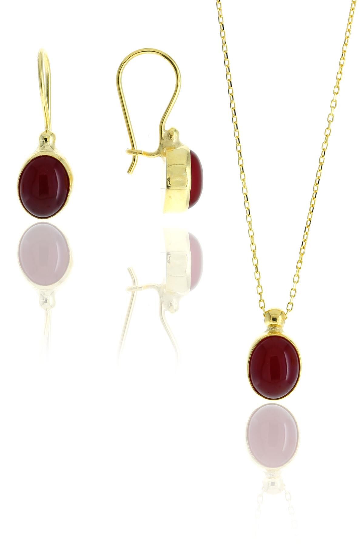 Akik Altın Yaldızlı Tasarım Gümüş Set 2117