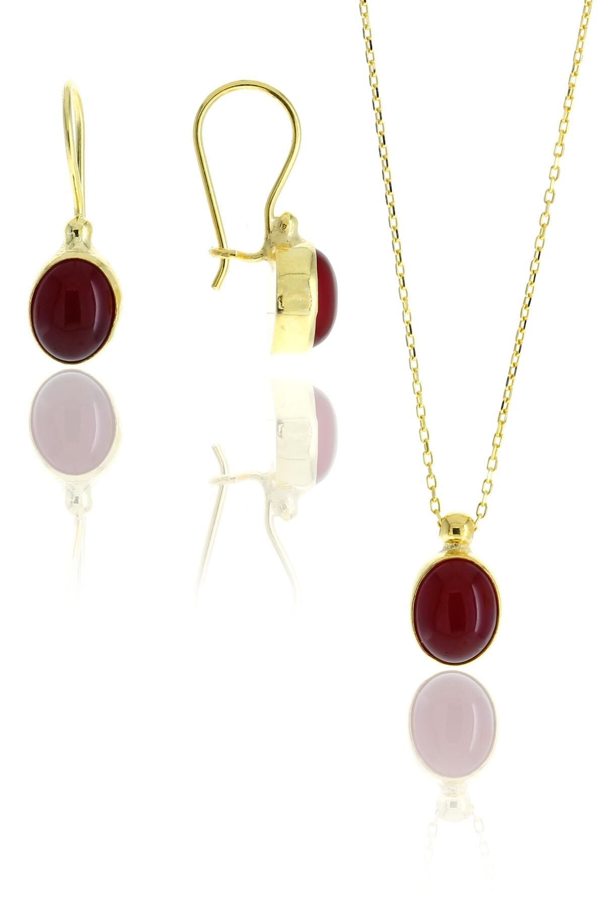 Akik Altın Yaldızlı Tasarım Gümüş Set 2117